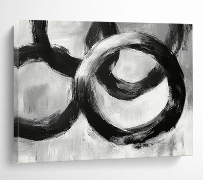 “Interlocking Black Rings” - Blacks, Whites, Grays, Abstract Circular Forms - Acrylic Painting HB1622
