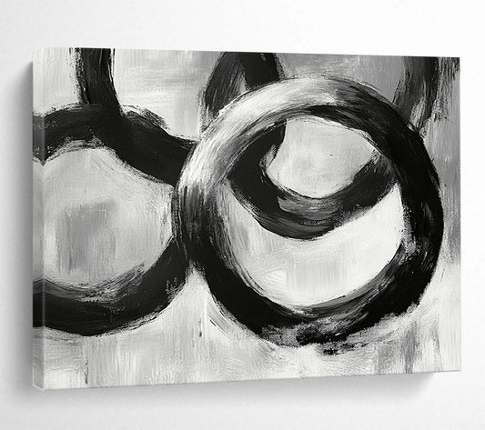 “Interlocking Black Rings” - Blacks, Whites, Grays, Abstract Circular Forms - Acrylic Painting HB1622