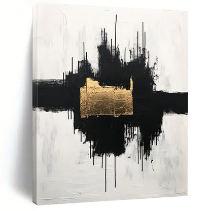 Black, White and Gold Abstract "Gilded Center" Painting On Canvas HB404