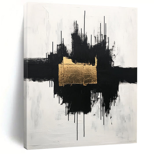 Black, White and Gold Abstract "Gilded Center" Painting On Canvas HB404