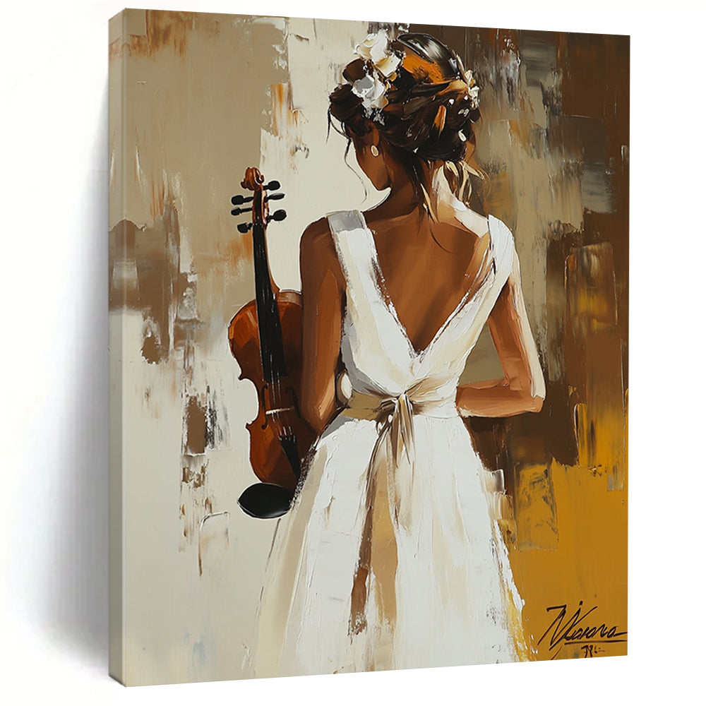 Contemporary abstract painting featuring a woman in a white dress holding a violin, inspired by the elegance of Peter Wileman. DLZ1129