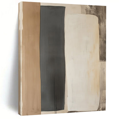 Contemporary hand-painted abstract art featuring two minimalist shapes in light gray and dark beige on a wall-mounted paper display. DLZ1326