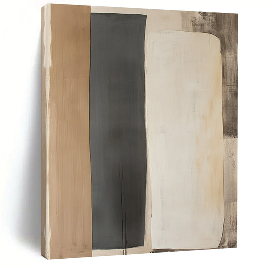 Contemporary hand-painted abstract art featuring two minimalist shapes in light gray and dark beige on a wall-mounted paper display. DLZ1326
