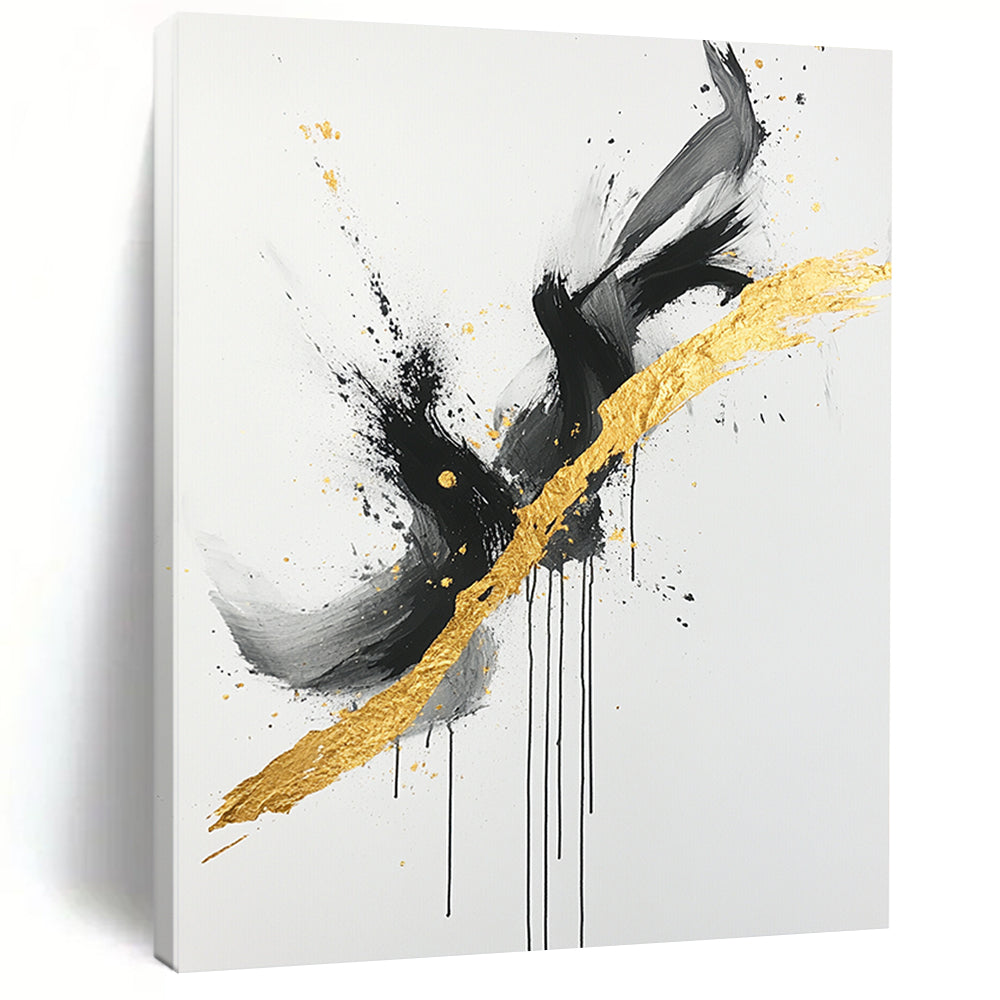 Black, White, Gold, Gray, Intertwined Swirls "Gilded Entanglement" Abstract Expressionist Painting On Canvas HB096