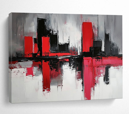 “Abstract Cityscape in Red and Black” - Red, black, white, gray; Abstract cityscape with reflection effects; Acrylic Painting On Canvas HB1272