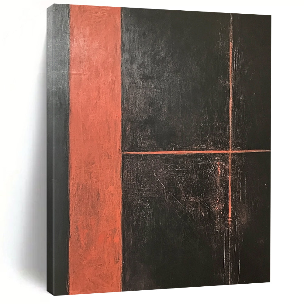 Large contemporary hand-painted abstract artwork featuring a dark orange rectangle with dynamic lines on a striking black background, showcasing bold textures and brush strokes. DLZ1282