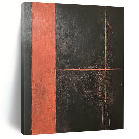 Large contemporary hand-painted abstract artwork featuring a dark orange rectangle with dynamic lines on a striking black background, showcasing bold textures and brush strokes. DLZ1282
