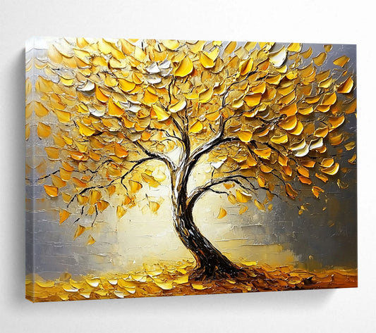 “Textured Golden Tree” - Gold, Gray, 3D Golden Leaves, Tree - Impasto Oil Painting HB1678