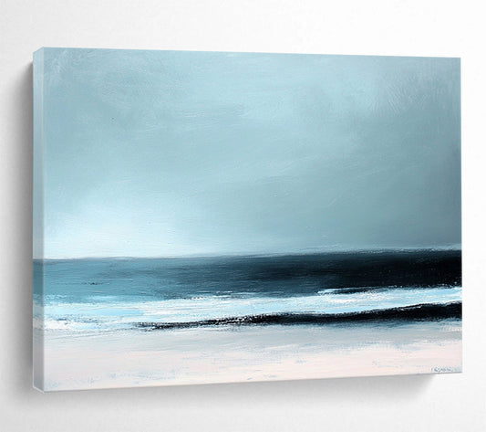 “Minimalist Beach Horizon” - Light blue, black, white; Abstract beach scene; Soft Acrylic Painting On Canvas HB1189