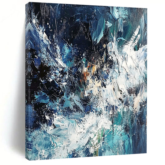 Contemporary abstract painting showcasing an ocean storm with dynamic blue and white waves using thick impasto strokes for dramatic texture and depth. DLZ0579