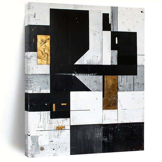Black, White, Gray, Gold, Textured Rectangles "Gilded Rustic Modern" Abstract Modernist Painting On Canvas HB130