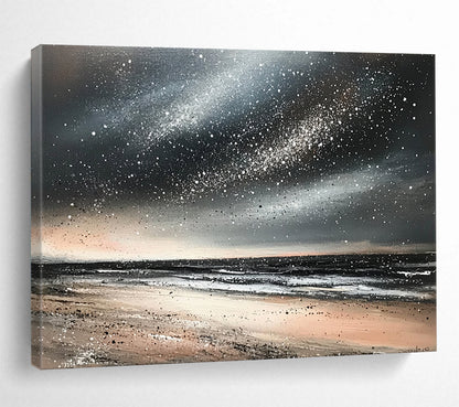 “Starry Beach Night” - Blacks, whites, beiges, silvers; Starry sky over a quiet beach; Mixed Media Painting On Canvas HB1183