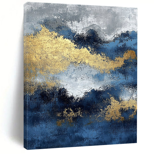 Contemporary abstract painting featuring blue and gold textures with ocean waves and dark silver clouds creating depth and mystery. DLZ0341
