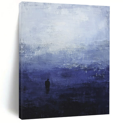 Contemporary hand-painted abstract art featuring atmospheric dark blue and grey sky tones with a solitary silhouette evoking tranquility and isolation. DLZ0513