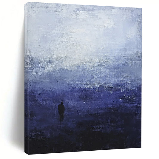 Contemporary hand-painted abstract art featuring atmospheric dark blue and grey sky tones with a solitary silhouette evoking tranquility and isolation. DLZ0513