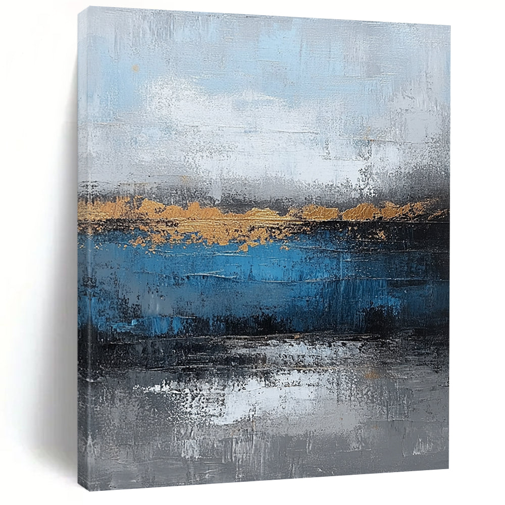 Contemporary large hand-painted abstract artwork featuring blue and gray textures with gold leaf accents on canvas for a striking wall display. DLZ0346