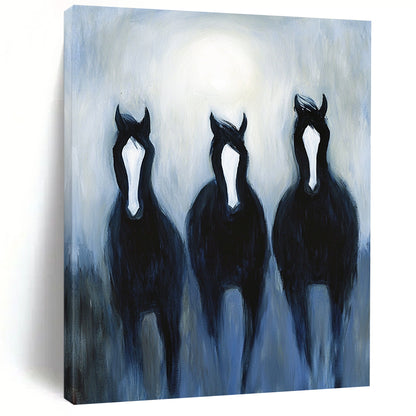 Contemporary hand-painted abstract art features three black horses with white stripes galloping in moonlight against a misty night backdrop. DLZ1713