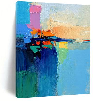 Contemporary abstract art featuring a vibrant lake and sky painted with a palette knife in dynamic brush strokes of blue green orange pink and yellow. DLZ0469