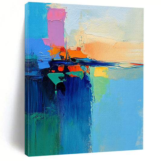 Contemporary abstract art featuring a vibrant lake and sky painted with a palette knife in dynamic brush strokes of blue green orange pink and yellow. DLZ0469