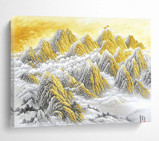 “Golden Mountain Peaks in Clouds” - Gold, White, Gray, Majestic Mountain Scene - Chinese Ink Painting HB1648