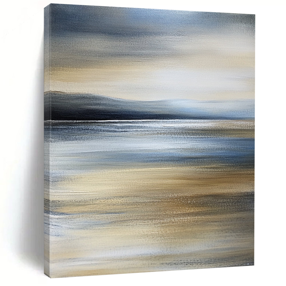 Contemporary hand-painted abstract art captures a tranquil beach scene with calm sea and an overcast sky in soothing shades of grey and blue. DLZ0999