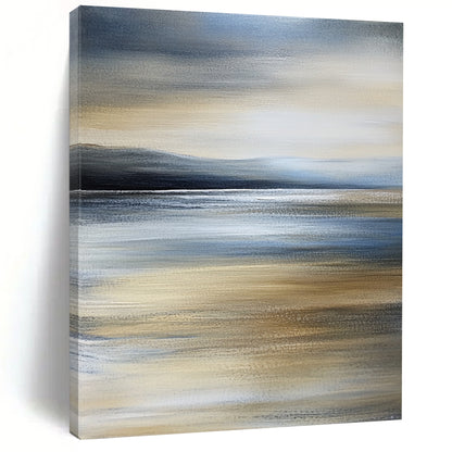 Contemporary hand-painted abstract art captures a tranquil beach scene with calm sea and an overcast sky in soothing shades of grey and blue. DLZ0999