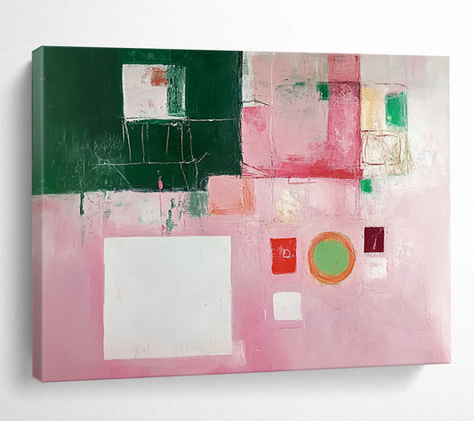“Pink and Green Collage” - Pink, Green, White, Mixed Geometric Elements - Modernist Acrylic Painting HB1538