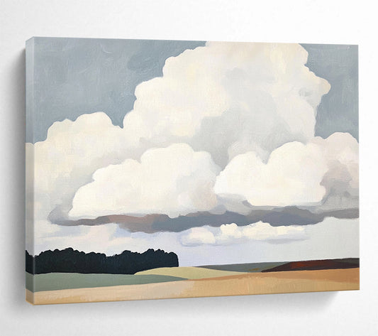 “Cloudscape Calm” - Soft grays, whites, muted greens, browns; Big fluffy clouds, open fields, trees; Minimalist Landscape Painting On Canvas HB1150