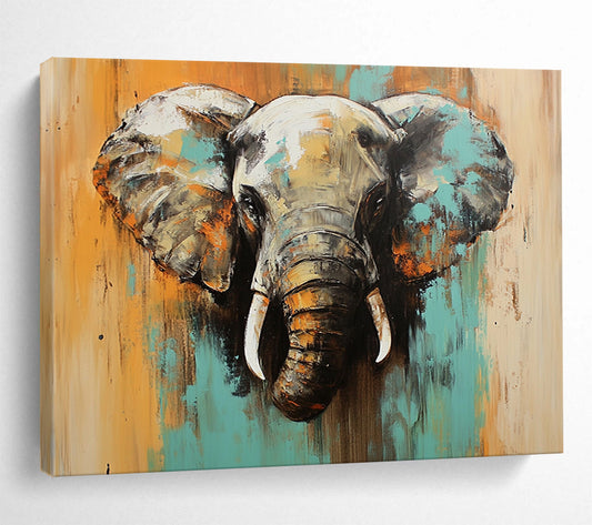 “Colorful Elephant Portrait” - Teal, Orange, Gray, Expressive Animal Painting On Canvas HB1002