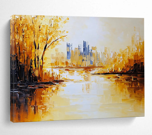 “Golden Cityscape” - Gold, Blue, Yellow, Shimmering City and Reflective River Painting On Canvas HB0934
