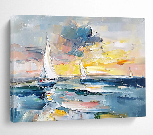 “Colorful Sailboat Sunset” - Blues, Yellows, Oranges, Abstract Sailboat Scene - Impasto Oil Painting HB1722