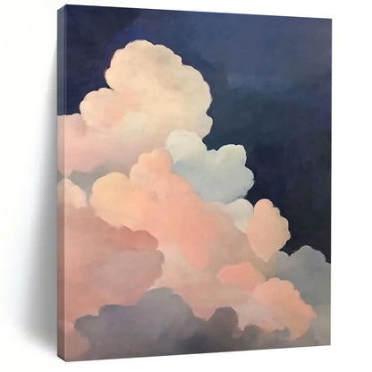 Contemporary hand-painted abstract artwork featuring soft pink and dark blue clouds with atmospheric lighting inspired by Michael Pitcher's style. DLZ1412