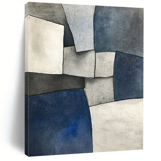Contemporary abstract painting features deconstructed tailoring in gray blue and white shapes inspired by cubism with a low-angle perspective and subtle tonal values. DLZ0813