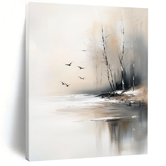 Large contemporary abstract painting featuring serene trees by an ice-covered lake with flying birds in soft gray and beige tones. DLZ0411