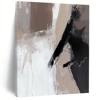 Large contemporary abstract painting featuring beige and white tones with black brush strokes on oil wood panel ideal for modern decor. DLZ0698