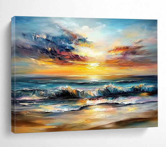 “Fiery Sky Beach” - Reds, Oranges, Blues, Dramatic Beach Sunset - Impasto Oil Painting HB1601