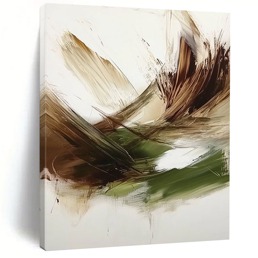 Contemporary hand-painted abstract art features a rich green, brown, and white palette with textured brush strokes and a dark beige backdrop. DLZ0447