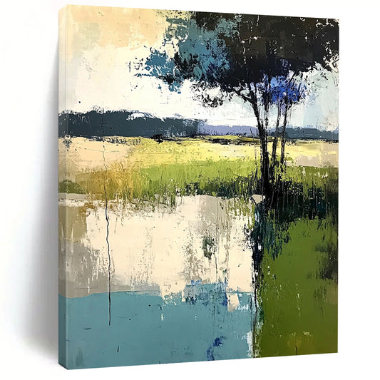 Contemporary abstract painting featuring soft edges trees and grass in muted greens blues and grays created with thick brush strokes and palette knife techniques. DLZ0419