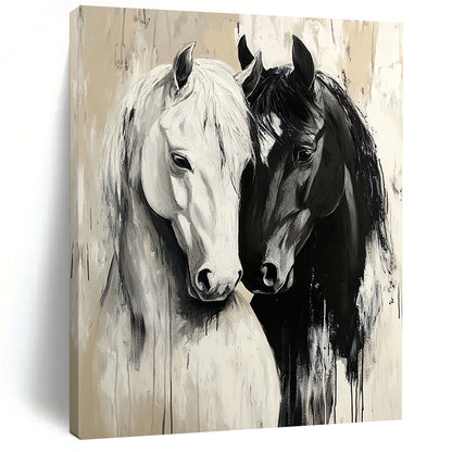 Contemporary large canvas painting featuring detailed black and white horses in love on a serene beige background with atmospheric brush strokes. DLZ1661