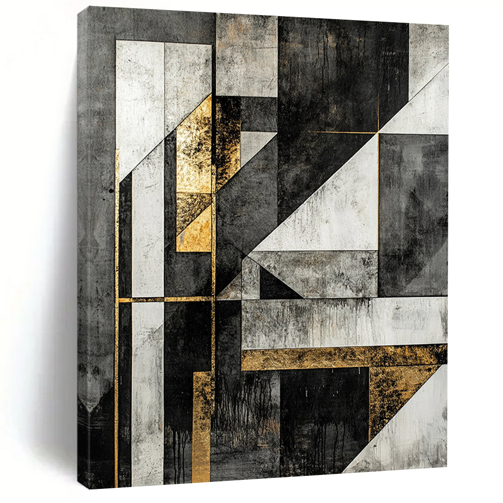 Black, White, Gray, Gold, Modular Geometry "Gilded Block Party" Abstract Constructivist - Inspired Painting On Canvas HB129