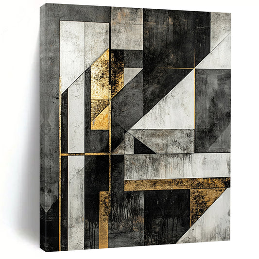 Black, White, Gray, Gold, Modular Geometry "Gilded Block Party" Abstract Constructivist - Inspired Painting On Canvas HB129