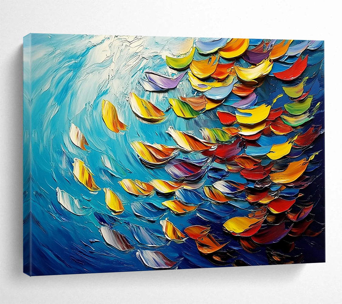 “Colorful Fish in 3D Waves” - Blue, Colorful Fish Shapes, Textured 3D - like Marine Painting On Canvas HB1096