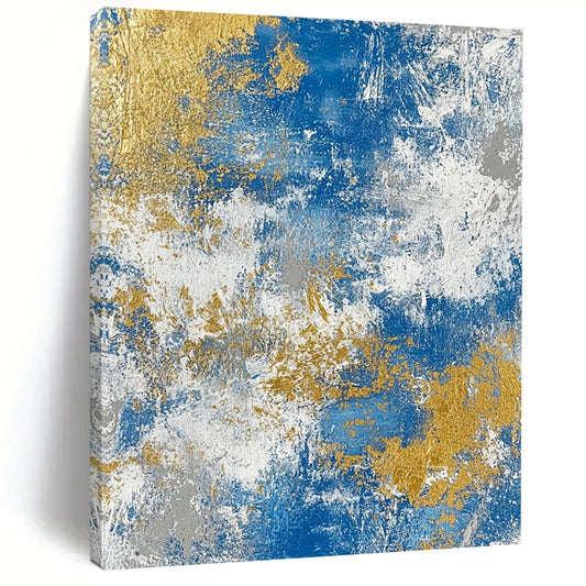 Contemporary hand-painted abstract art featuring a textured blend of blue gold white beige and silver tones for a sophisticated decor accent. DLZ0340