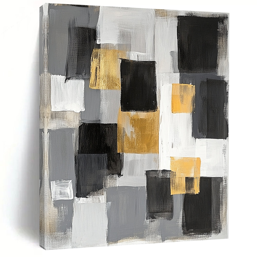 Gray, Black, Gold and White Abstract Blocks "Elegant Blocks" Painting On Canvas HB346