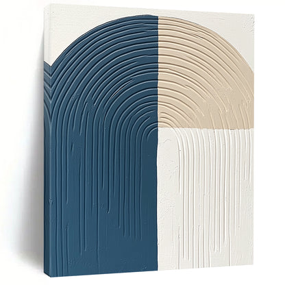Contemporary hand-painted abstract art features thick lines and curves in blue gray and beige on a white background with a semi-circular arc shape. DLZ1376