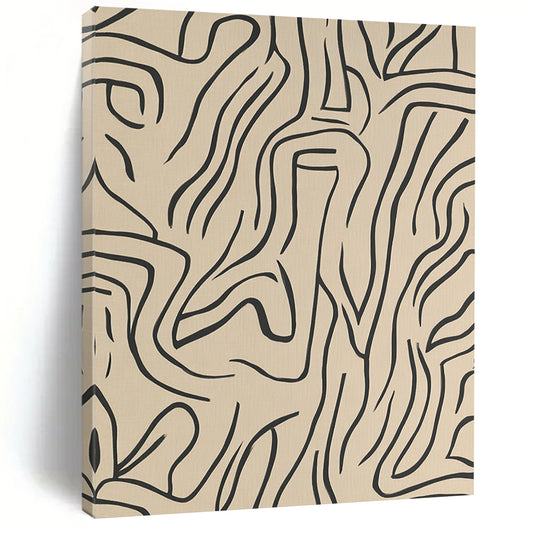 Contemporary abstract artwork featuring beige lines and shapes on a grey background, inspired by Matisse in elegant black ink. DLZ1072