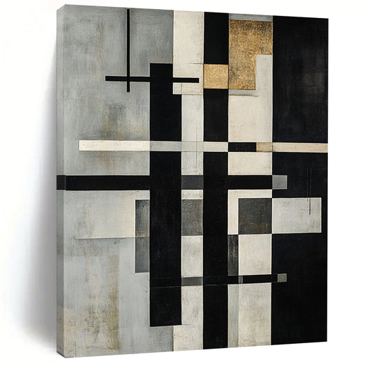 Gray, White, Black, Gold with Intersecting Lines "Structured Harmony" Abstract Painting On Canvas HB012