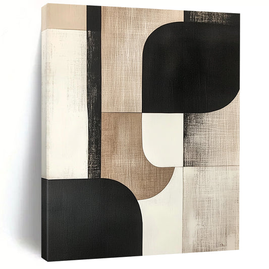 Contemporary hand-painted abstract art featuring bold shapes in black, white, beige, gray, and cream tones for a sophisticated aesthetic. DLZ0795
