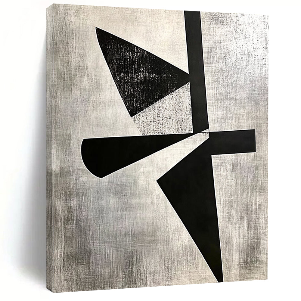 Contemporary hand-painted abstract art featuring high contrast shapes, cut paper collage, and negative space on a gray background in El Lissitzky style. DLZ1143