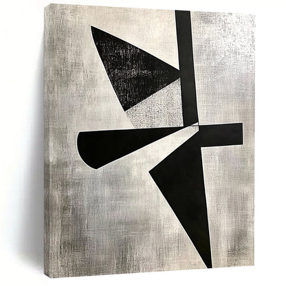 Contemporary hand-painted abstract art featuring high contrast shapes, cut paper collage, and negative space on a gray background in El Lissitzky style. DLZ1143
